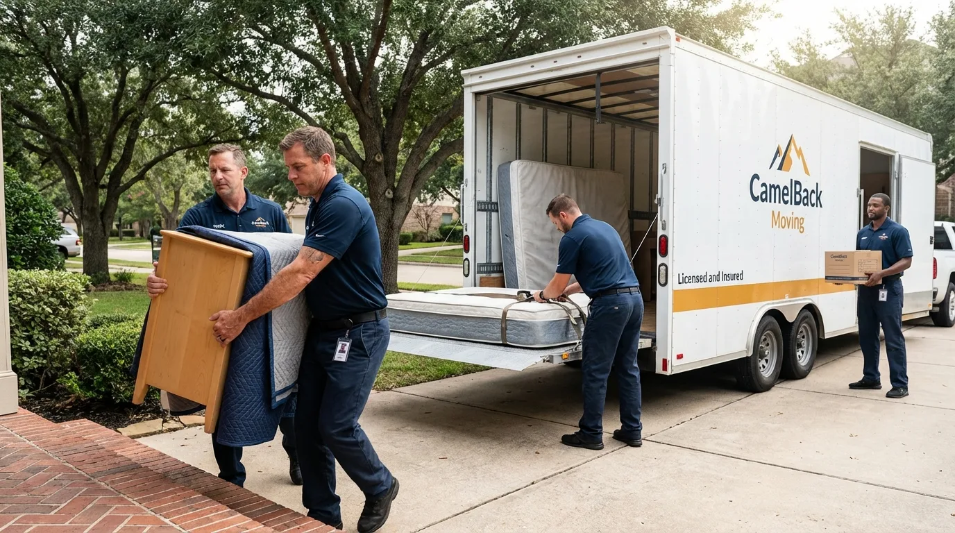 Crew loading residential truck for cross-state move from Sweeny, TX