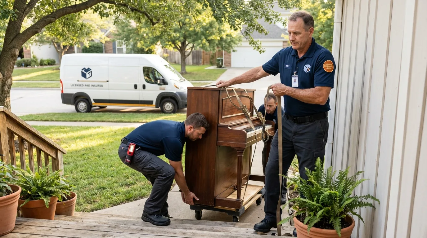 Licensed piano movers securing grand piano in Sweeny, TX