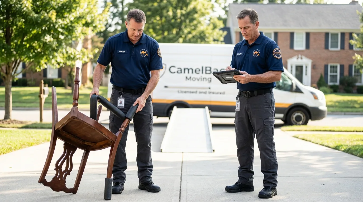 Movers inspecting furniture for damage prevention before loading in Sweeny, TX